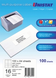 LABEL UNISTAT LASER/INKJET/COPIER 16UP 99.1X34MM WITH MARGIN 38942 BX100