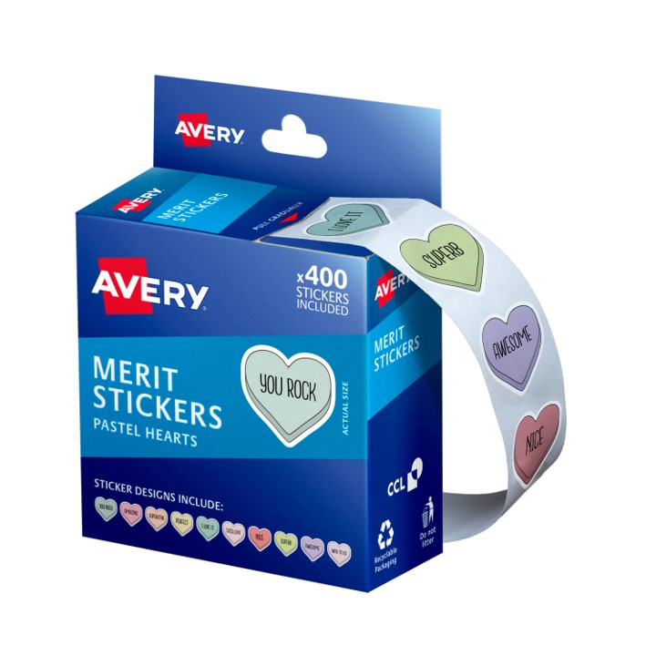 MERIT STICKERS AVERY 24MM PASTEL HEARTS DISP PACK