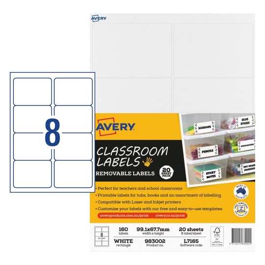 SP- LABELS AVERY CLASSROOM REMOVABLE 99.1X67.7MM 8UP PK20