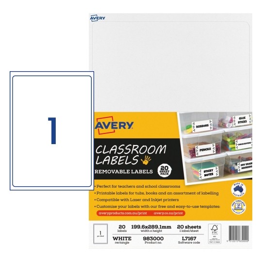 SP- LABELS AVERY CLASSROOM REMOVABLE 199.6X289.1MM 1UP PK20