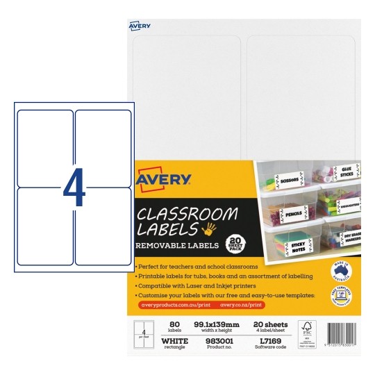 SP- LABELS AVERY CLASSROOM REMOVABLE 99.1X139MM 4UP PK20