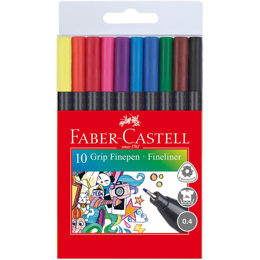 PEN FINELINER FABER-CASTELL TRIANGULAR GRIP 0.4MM ASST PK10