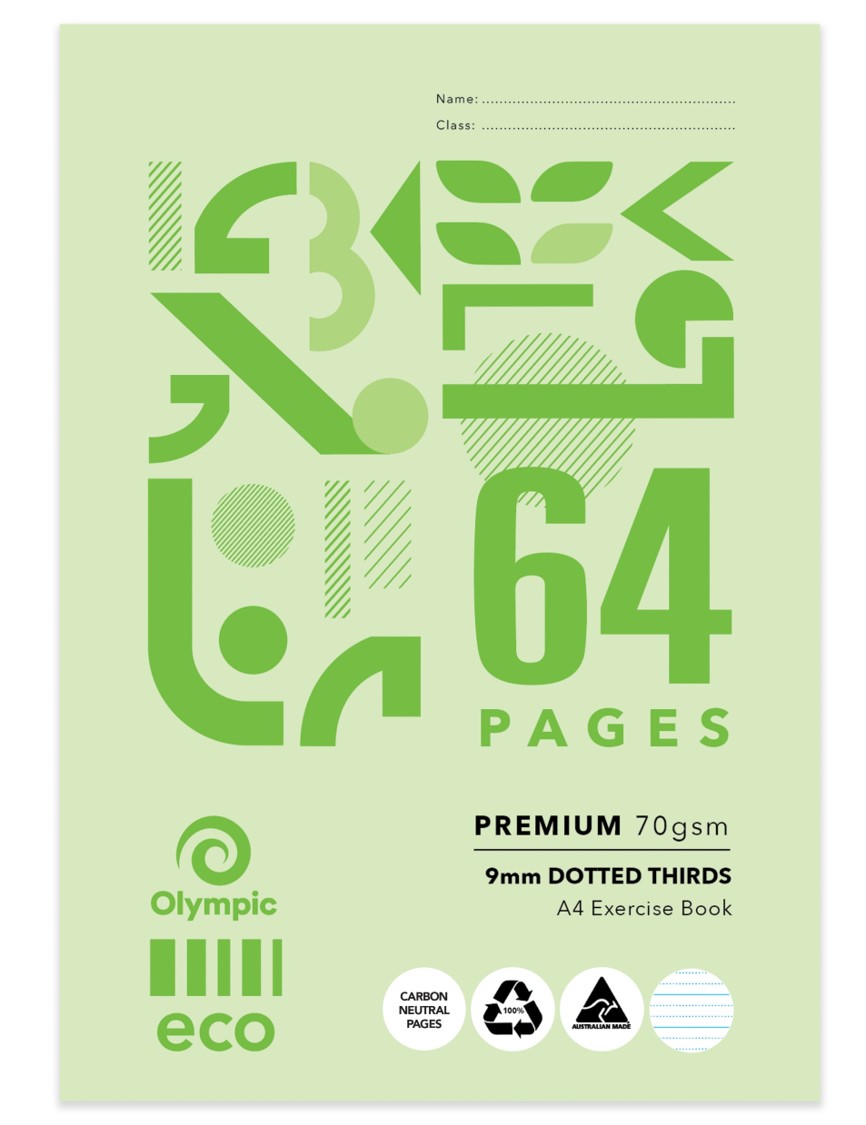 EXERCISE BOOK OLYMPIC A4 ECO RECYCLED 9MM DOTTED THIRDS D964P 64PG