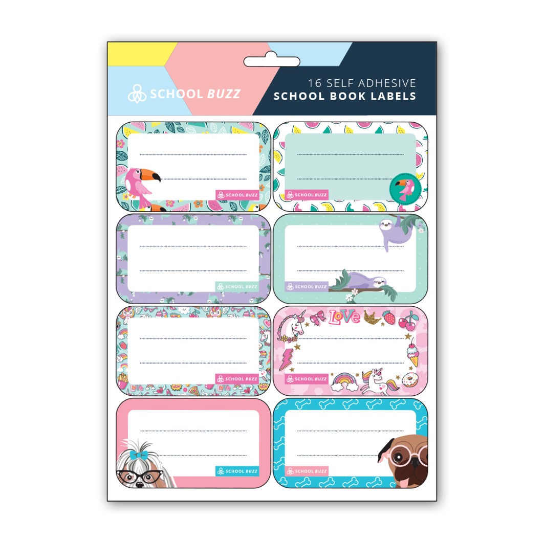 NAME LABELS SCHOOL BUZZ 16X23CM 16 LABELS PER SHEET GIRL ASST DESIGNS