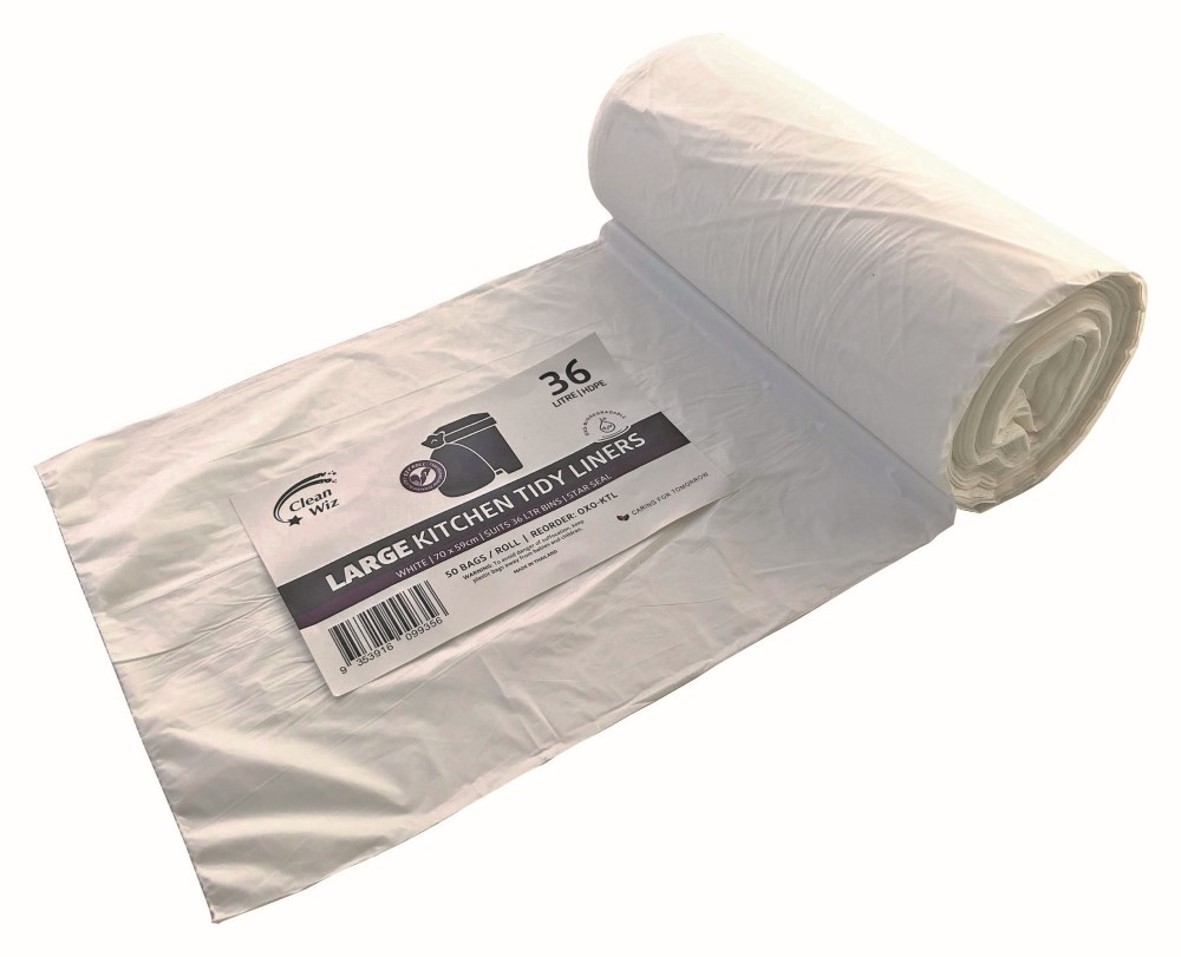 BIN LINER CLEAN WIZ 36L ECO OXO-BIODEGRADABLE KITCHEN TIDY WHITE PK50