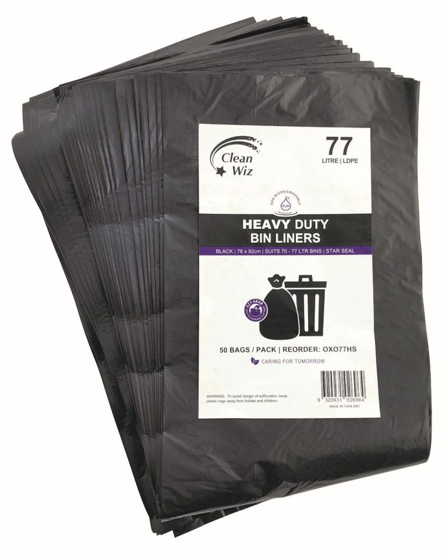 BIN LINER CLEAN WIZ 77L ECO OXO-BIODEGRADABLE HEAVY DUTY STAR SEAL BLK PK50