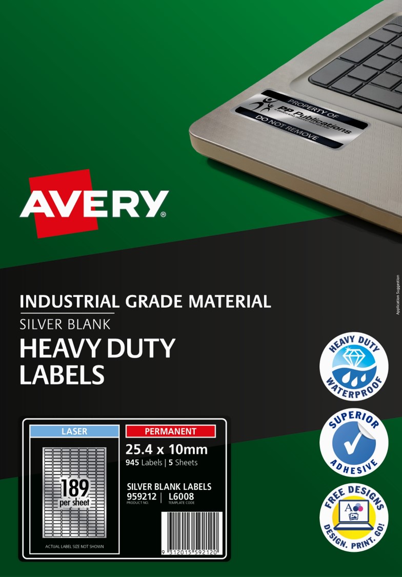 SP- LABEL AVERY 25.4X10MM 189UP LASER L6008 HEAVY DUTY SILVER PK5