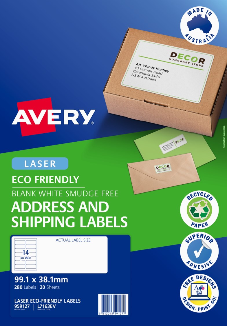 SP- LABEL AVERY 99.1X38.1MM 14UP LASER L7163EV ECO FRIENDLY WHITE PK20