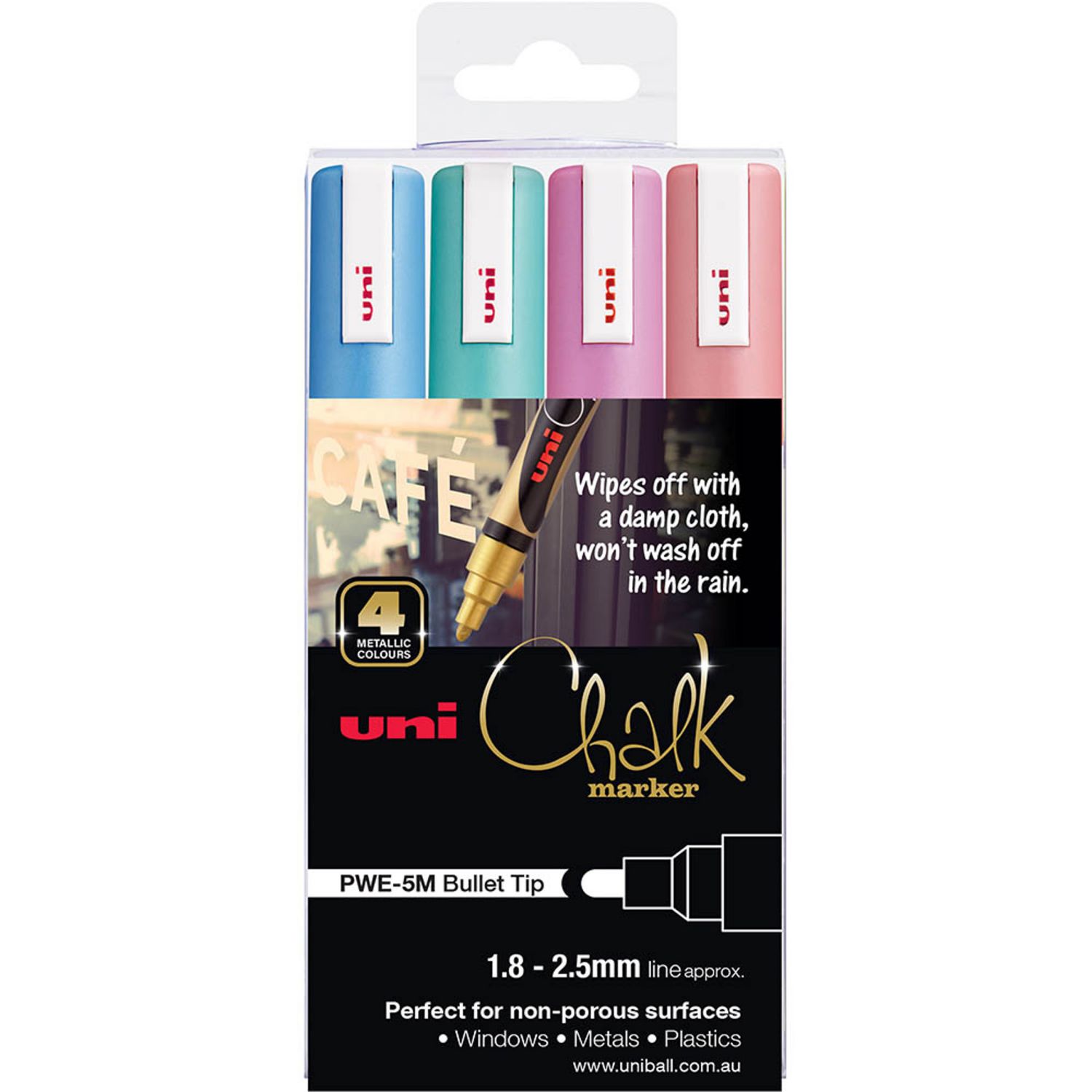 MARKER CHALK UNI PWE5M MEDIUM BULLET TIP METALLIC ASST PK4