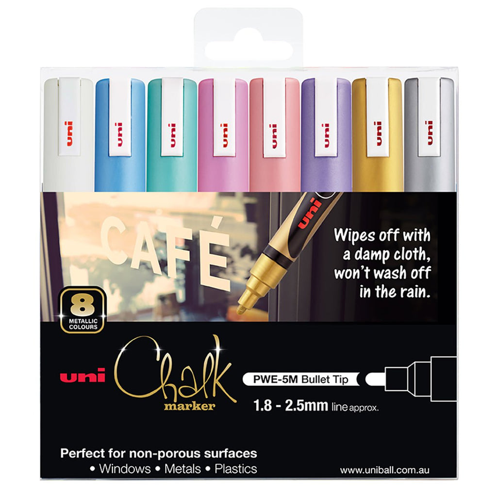 MARKER CHALK UNI PWE5M MEDIUM BULLET TIP METALLIC ASST PK8