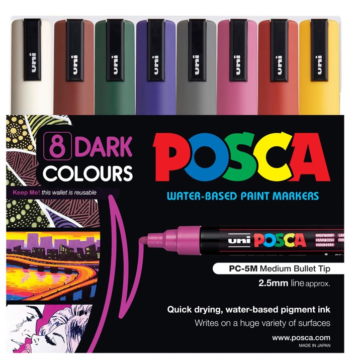 MARKER UNI POSCA PAINT PC5M MEDIUM BULLET TIP DARK COLOURS WLT8