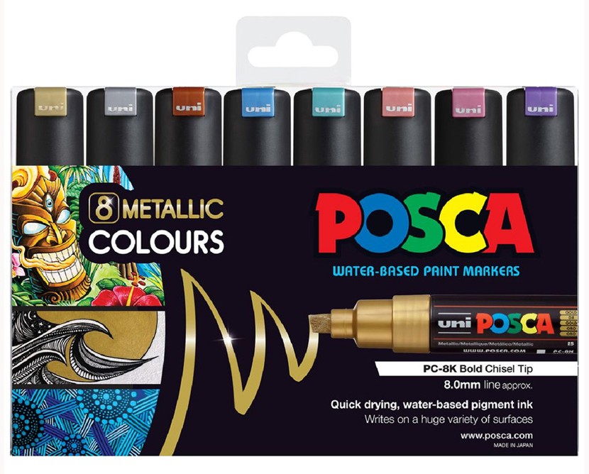 SP- MARKER UNI POSCA PAINT PC8K BOLD BULLET TIP METALLIC ASST PK4