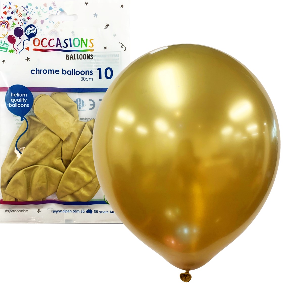 BALLOONS ALPEN 30CM CHROME GOLD PK10