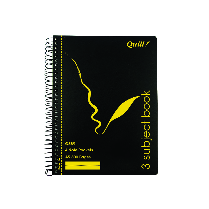 NOTEBOOK QUILL A5 3 SUBJECT RULED S/O BLACK 300PG