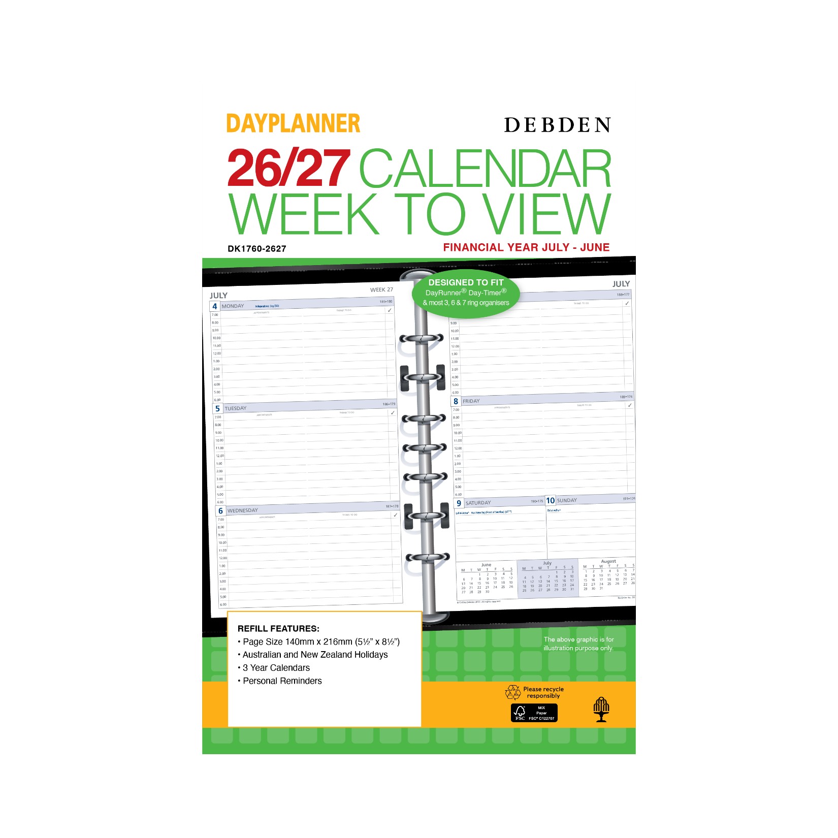 REFILL FINANCIAL YEAR 26-27 DAYPLANNER 216X140 DK1760 WEEKLY DATED 1
