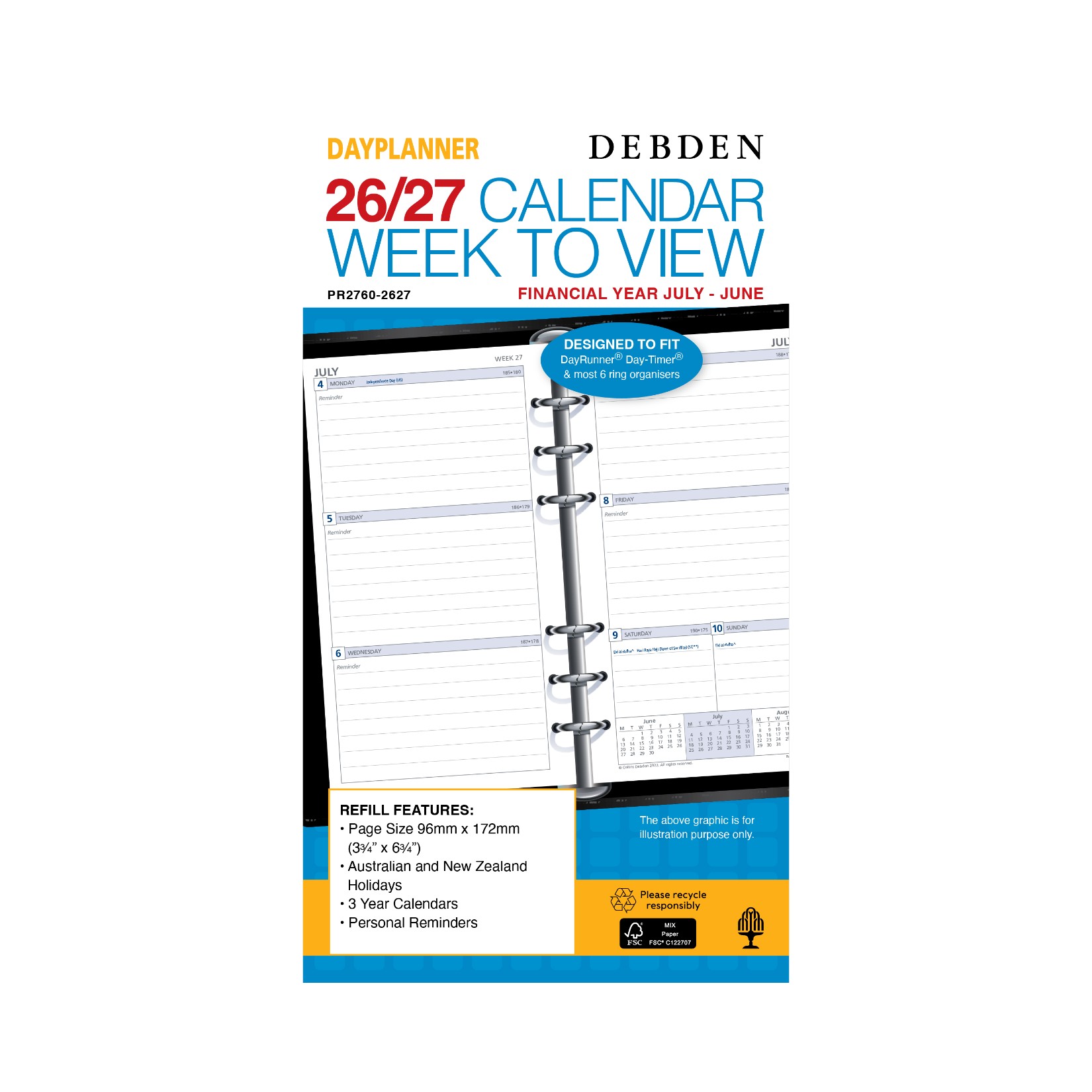 REFILL FINANCIAL YEAR 26-27 DAYPLANNER 172X96 PR2760 WEEKLY DATED 1