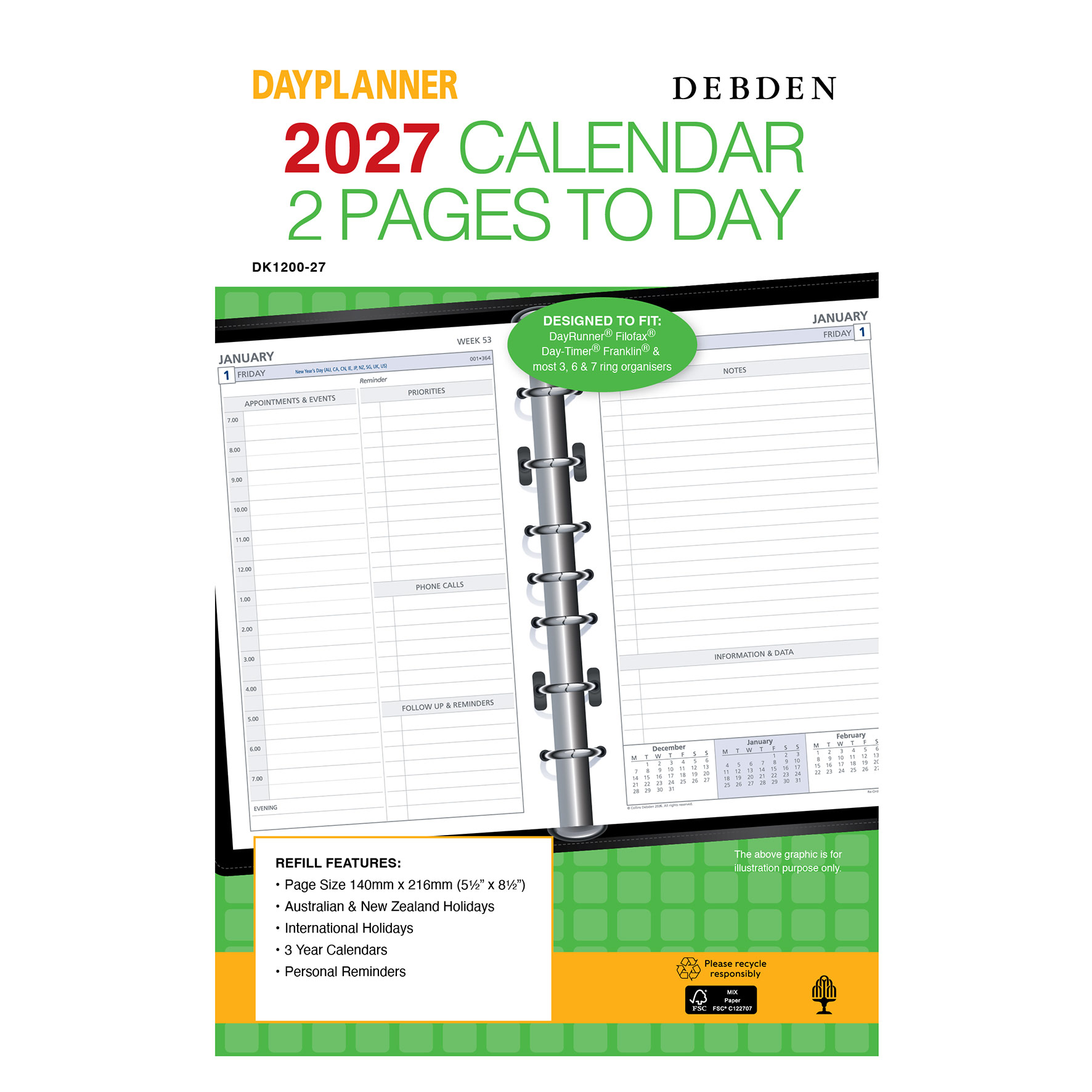 REFILL 2027 DEBDEN DAYPLANNER 140X216MM DK1200 DESK 7 RING 2PTD