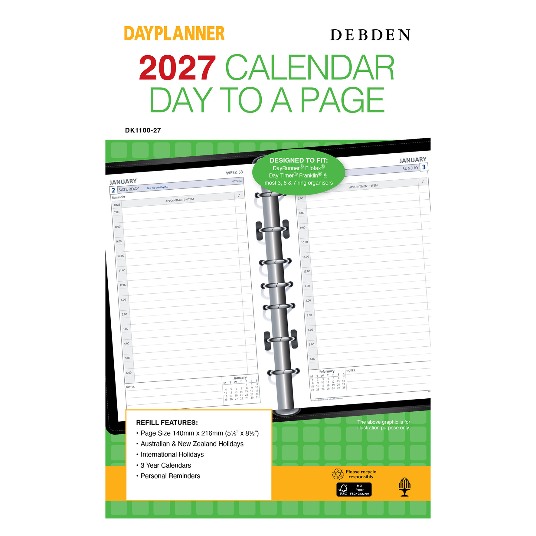 REFILL 2027 DEBDEN DAYPLANNER 140X216MM DK1100 DESK 7 RING DTP
