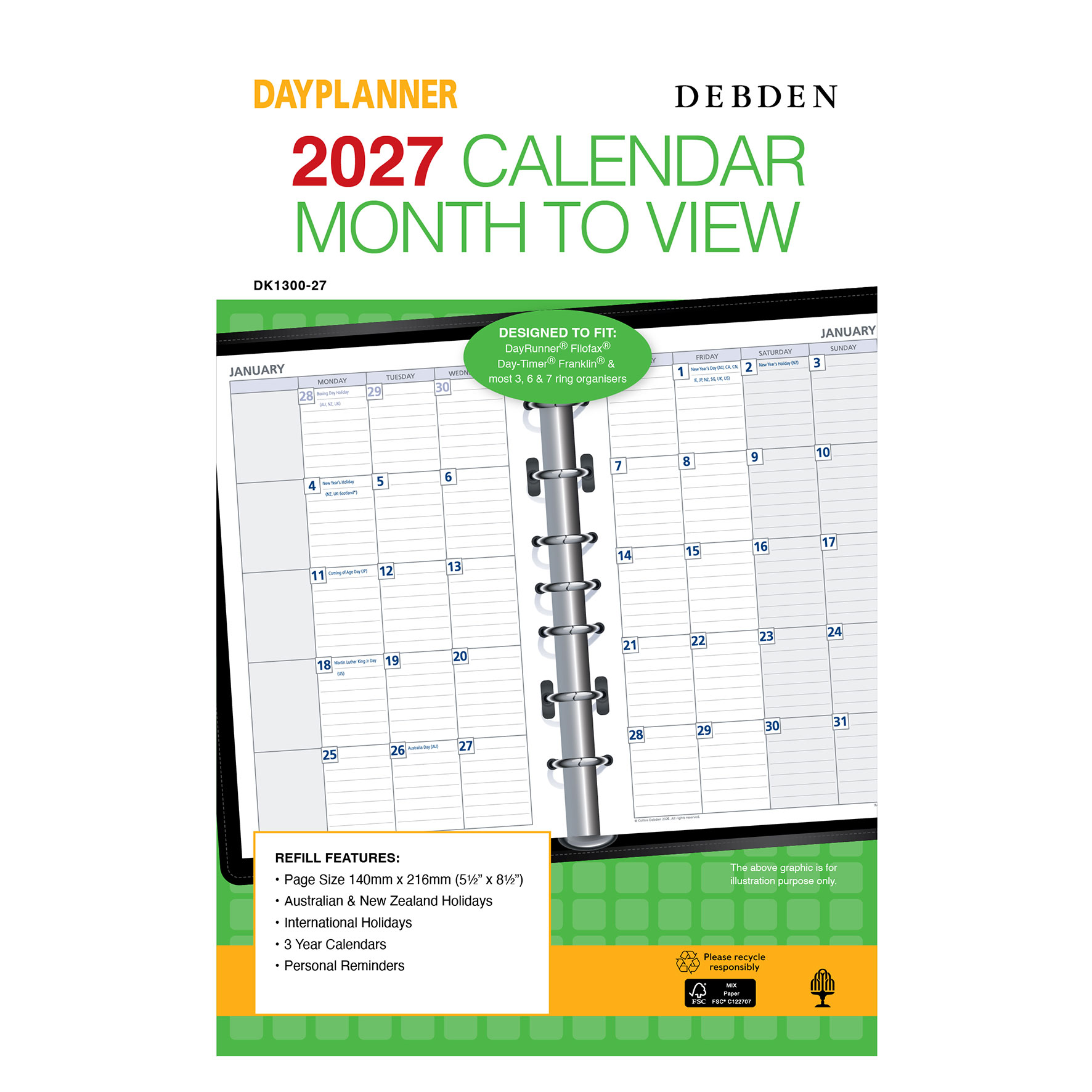 REFILL 2027 DEBDEN DAYPLANNER 140X216MM DK1300 DESK 7 RING MTV