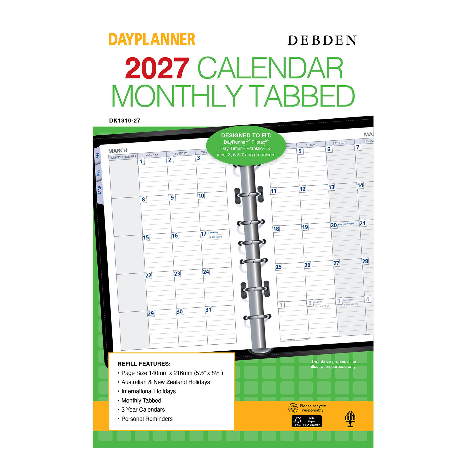 REFILL 2027 DEBDEN DAYPLANNER 140X216MM DK1310 DESK 7 RING MTV W/TABS