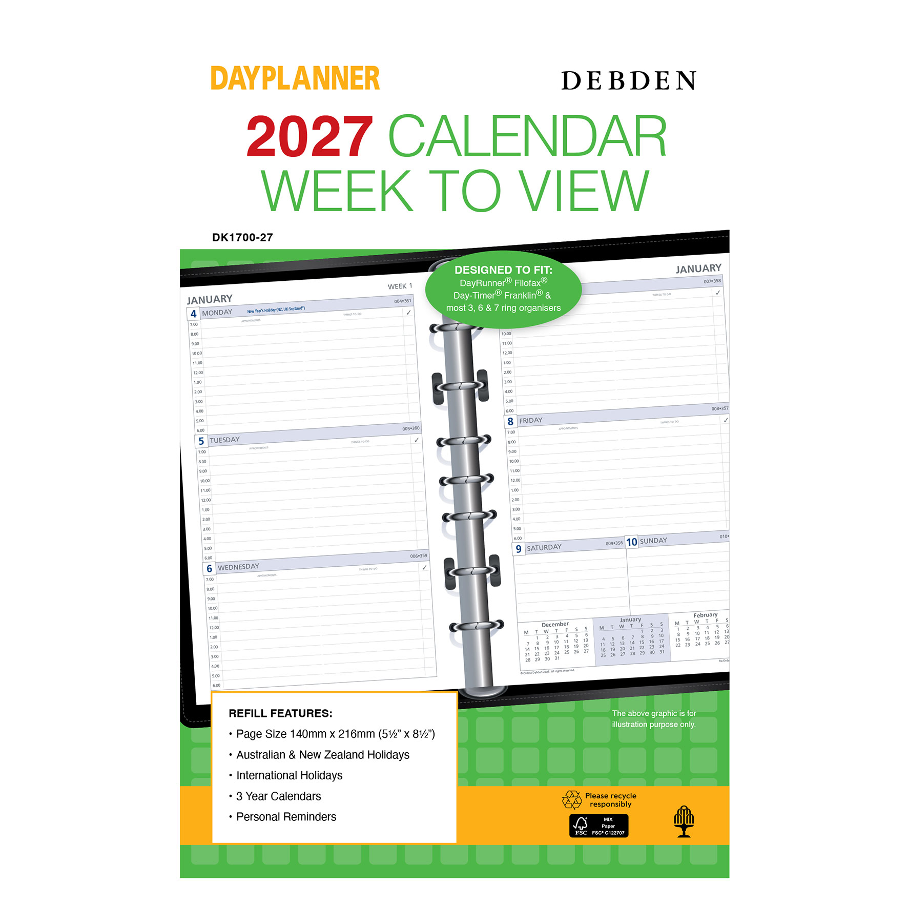 REFILL 2027 DEBDEN DAYPLANNER 140X216MM DK1700 DESK 7 RING WTV