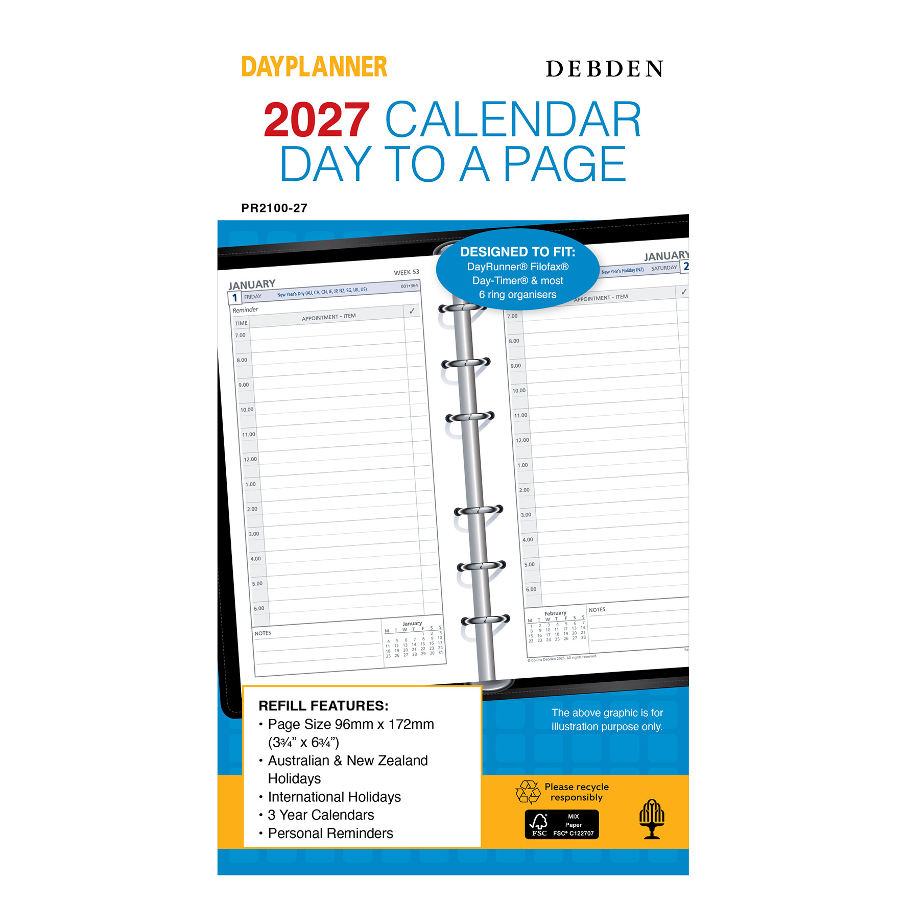 REFILL 2027 DEBDEN DAYPLANNER 96X172MM PR2100 PERSONAL 6 RING DTP