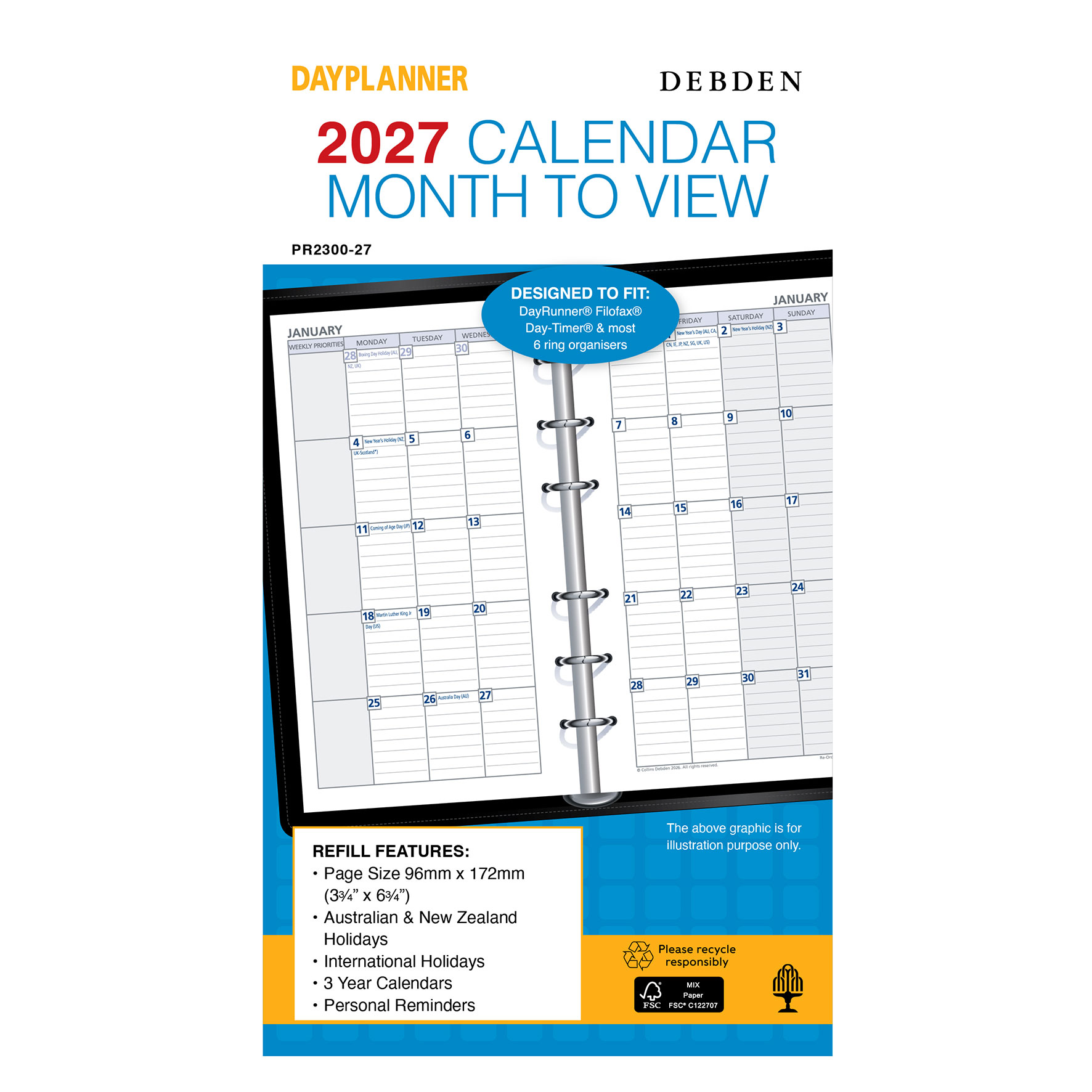 REFILL 2027 DEBDEN DAYPLANNER 96X172MM PR2300 PERSONAL 6 RING MTV