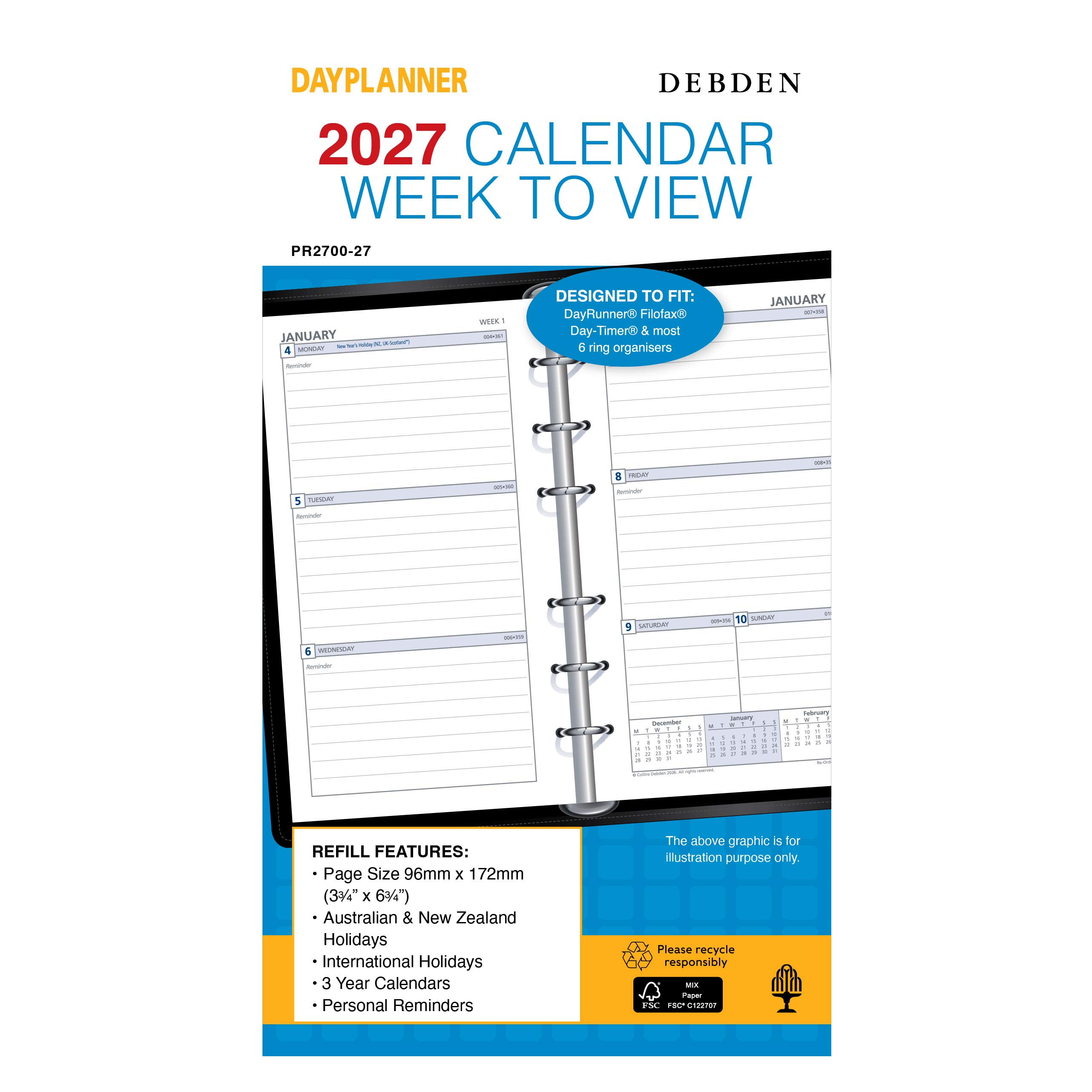 REFILL 2027 DEBDEN DAYPLANNER 96X172MM PR2700 PERSONAL 6 RING WTV
