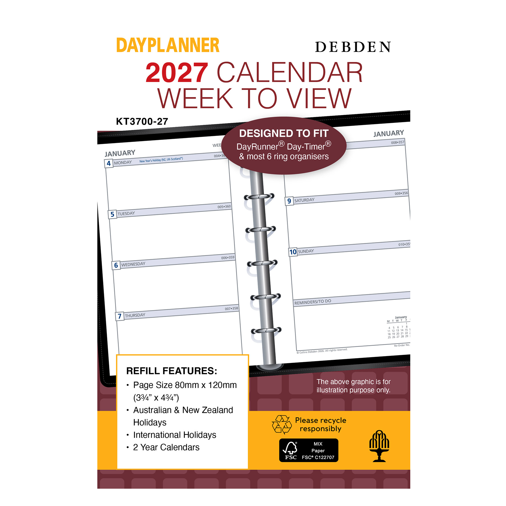 REFILL 2027 DEBDEN DAYPLANNER 80X120MM KT3700 POCKET 6 RING WTV