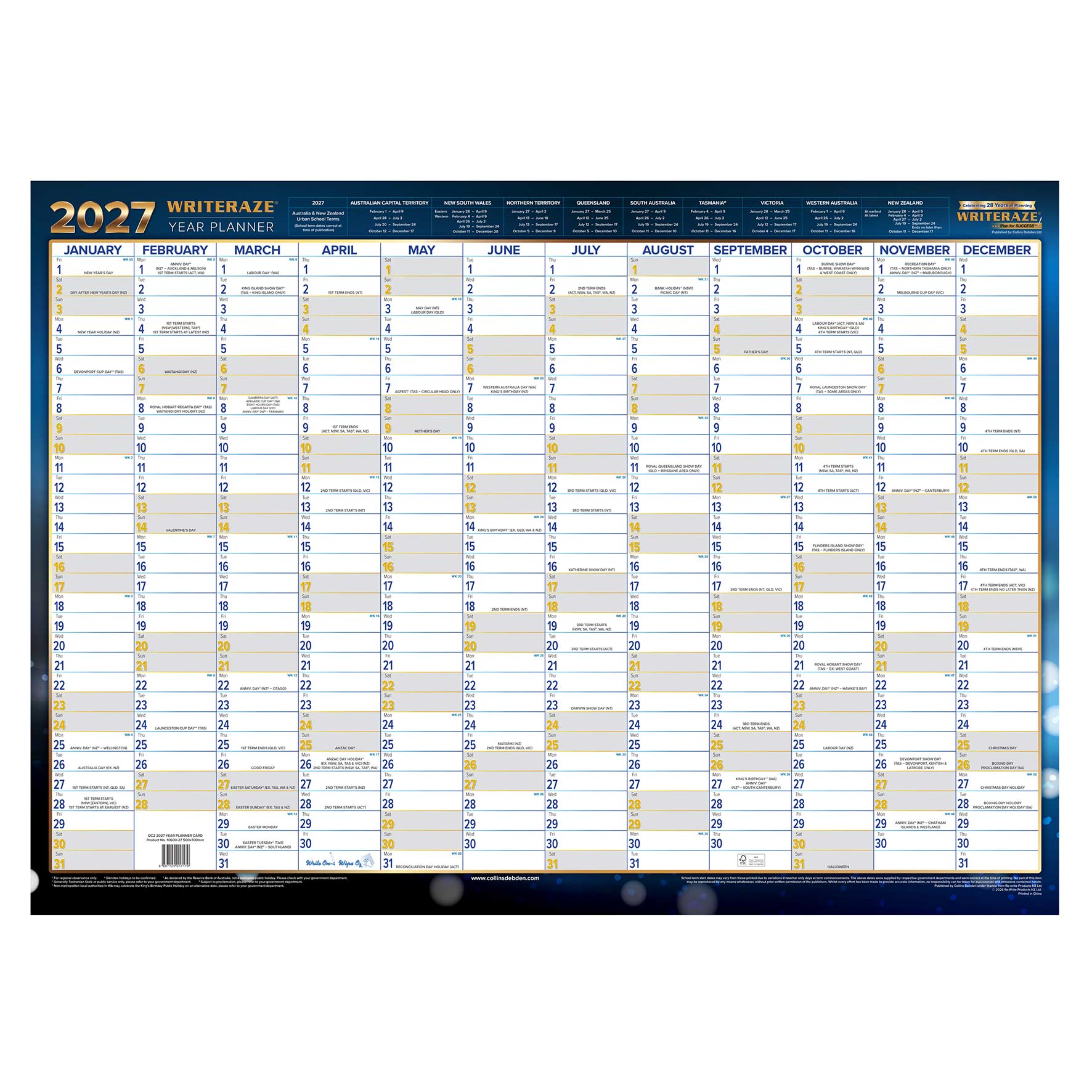 PLANNER 2027 WRITERAZE 500X700MM 10600 QC2 LAMINATED