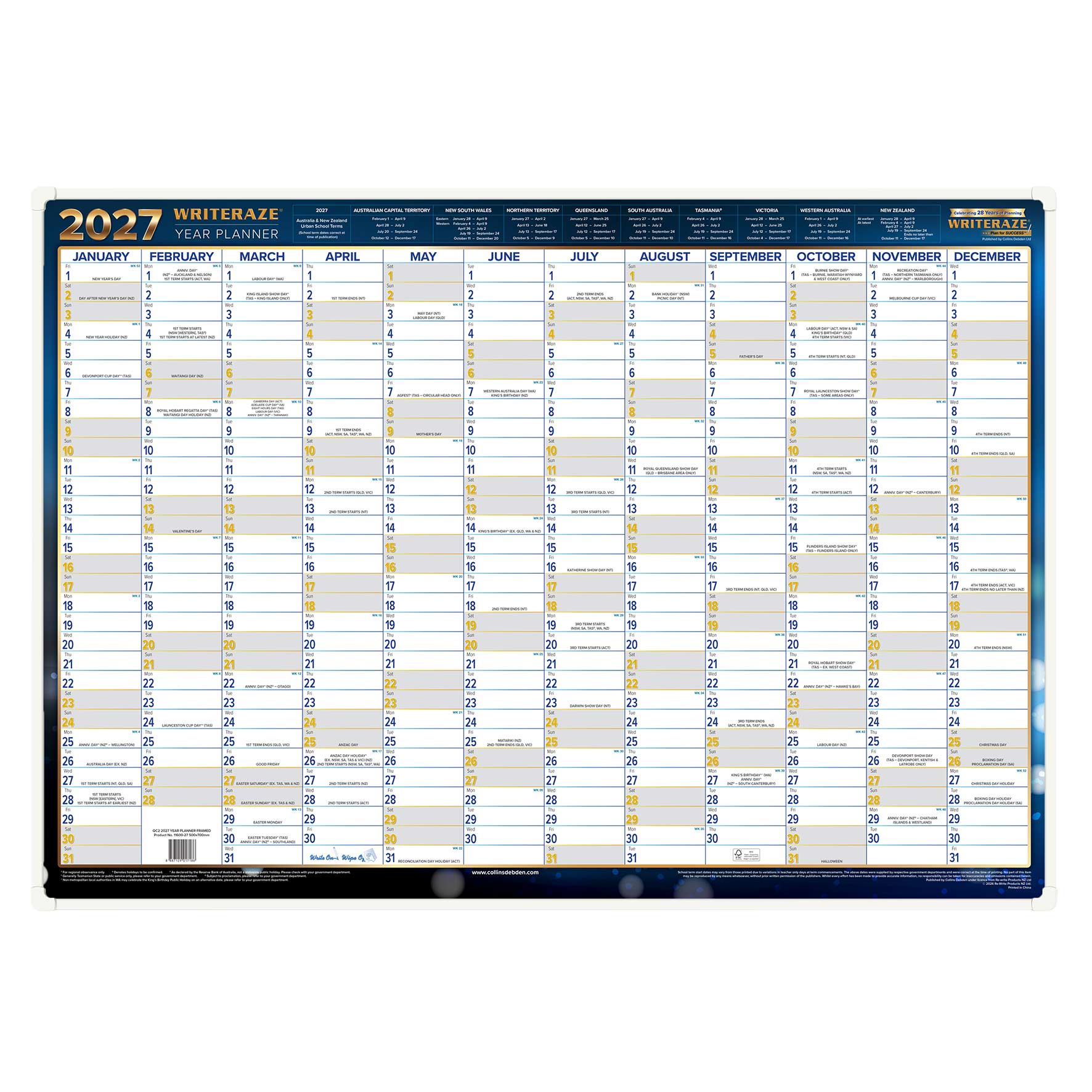 PLANNER 2027 WRITERAZE 500X700MM 11600 QC2 LAMINATED FRAMED