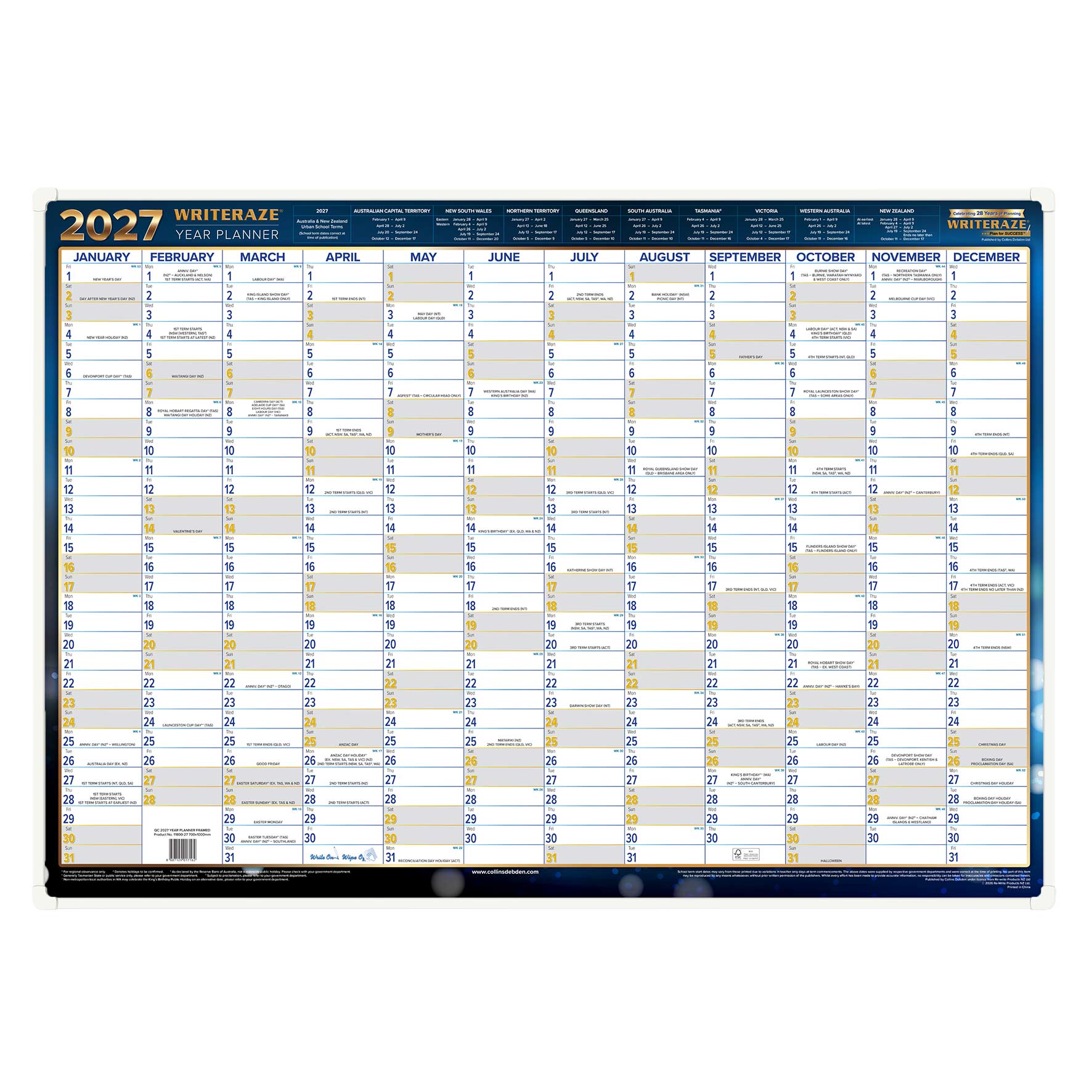 PLANNER 2027 WRITERAZE 700X1000MM 11800 QC2 LAMINATED FRAMED