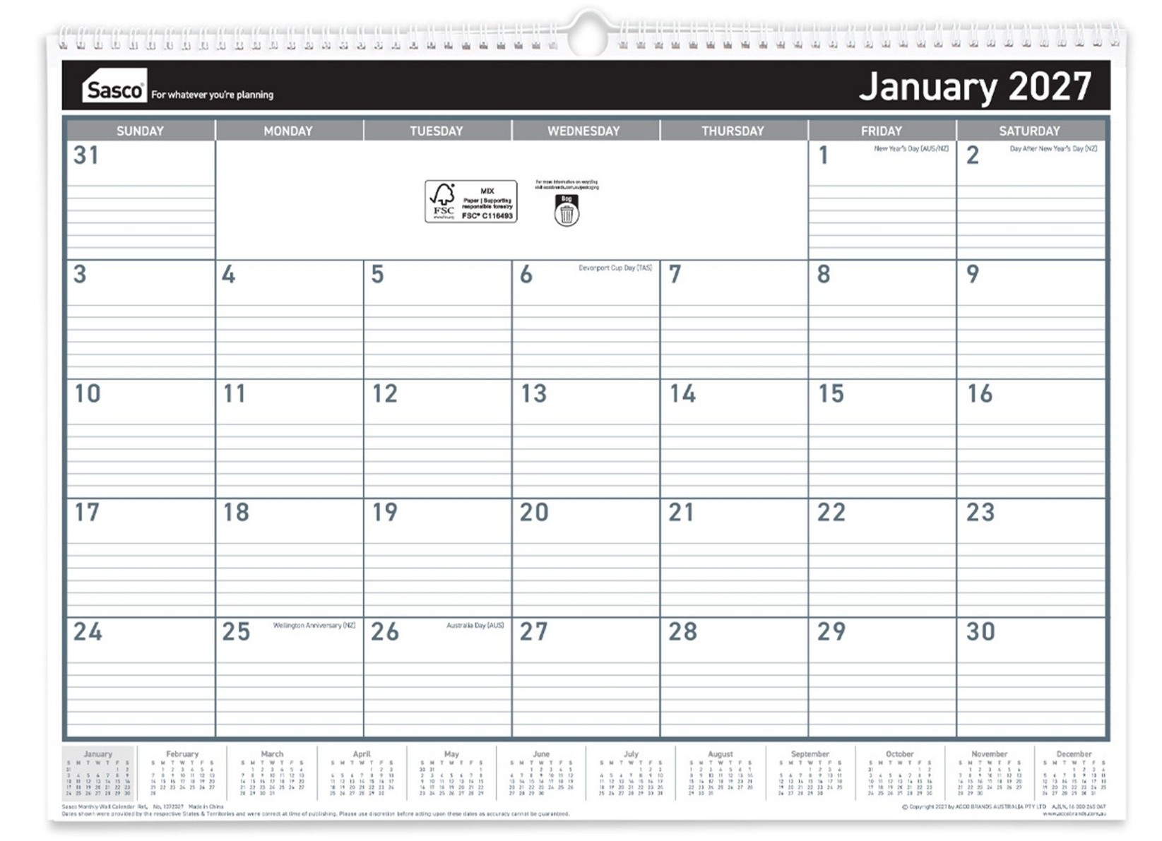 CALENDAR 2027 SASCO 530X395MM WALL MTV