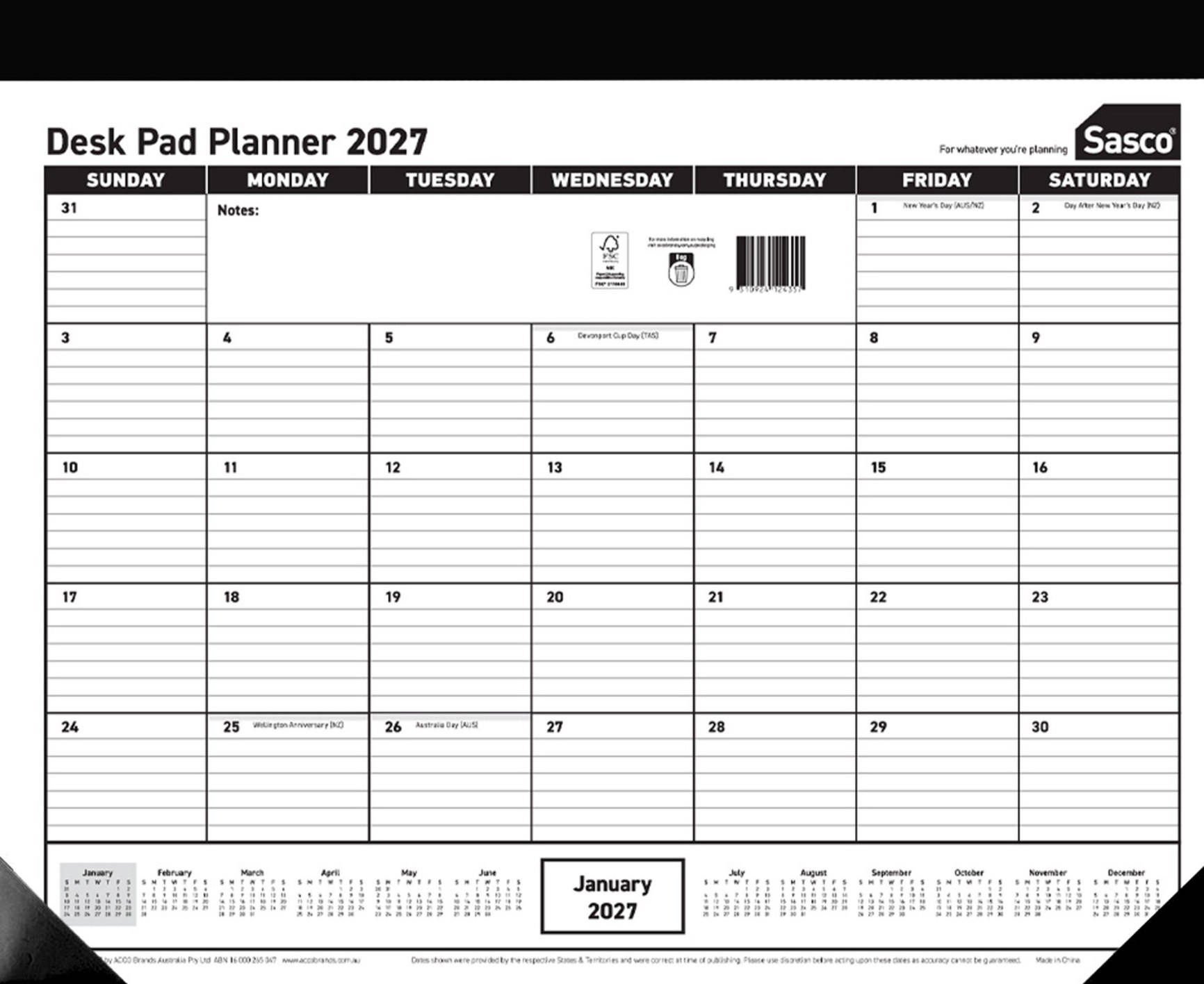 PLANNER 2027 SASCO 430X555MM DESK PAD YTV