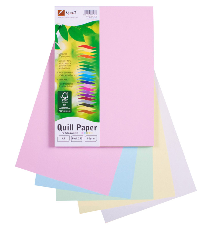 COLOURED PAPER QUILL A4 PASTELS PK100