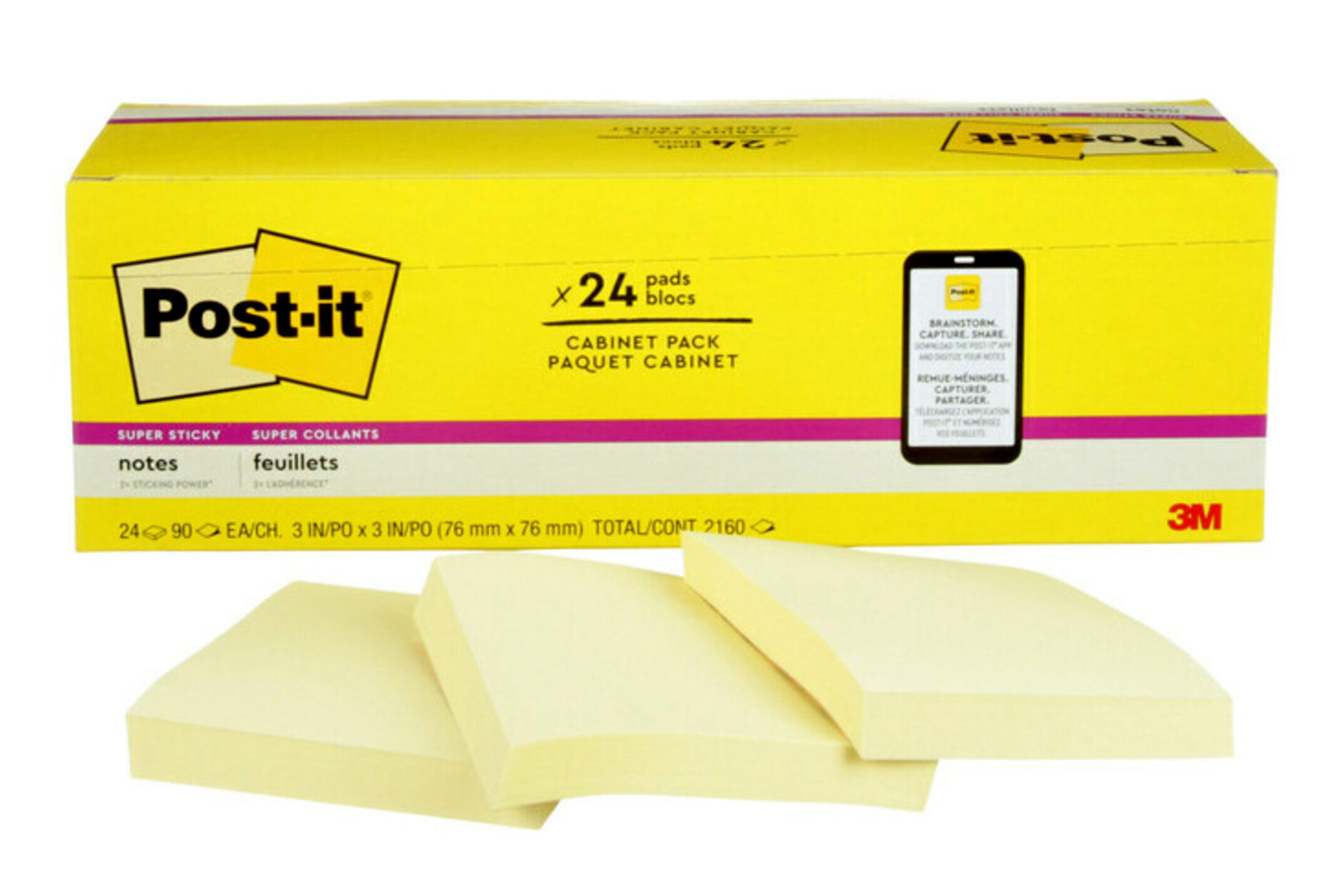 NOTES POST-IT SUPER STICKY 76X76MM 654-24SSCP CANARY YELLOW PK24