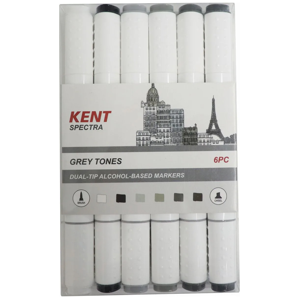 MARKER KENT SPECTRA GRAPHIC BRUSH & CHISEL NIBS GREY TONES SET 6