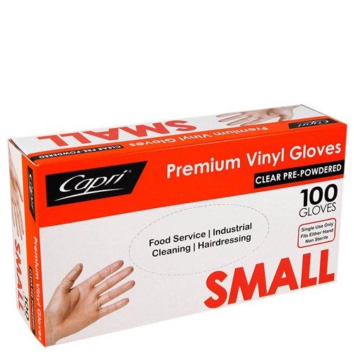 GLOVES CAPRI VINYL POWDERED CLEAR SMALL BX100