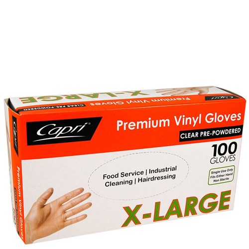 GLOVES CAPRI VINYL POWDERED CLEAR EXTRA LARGE BX100
