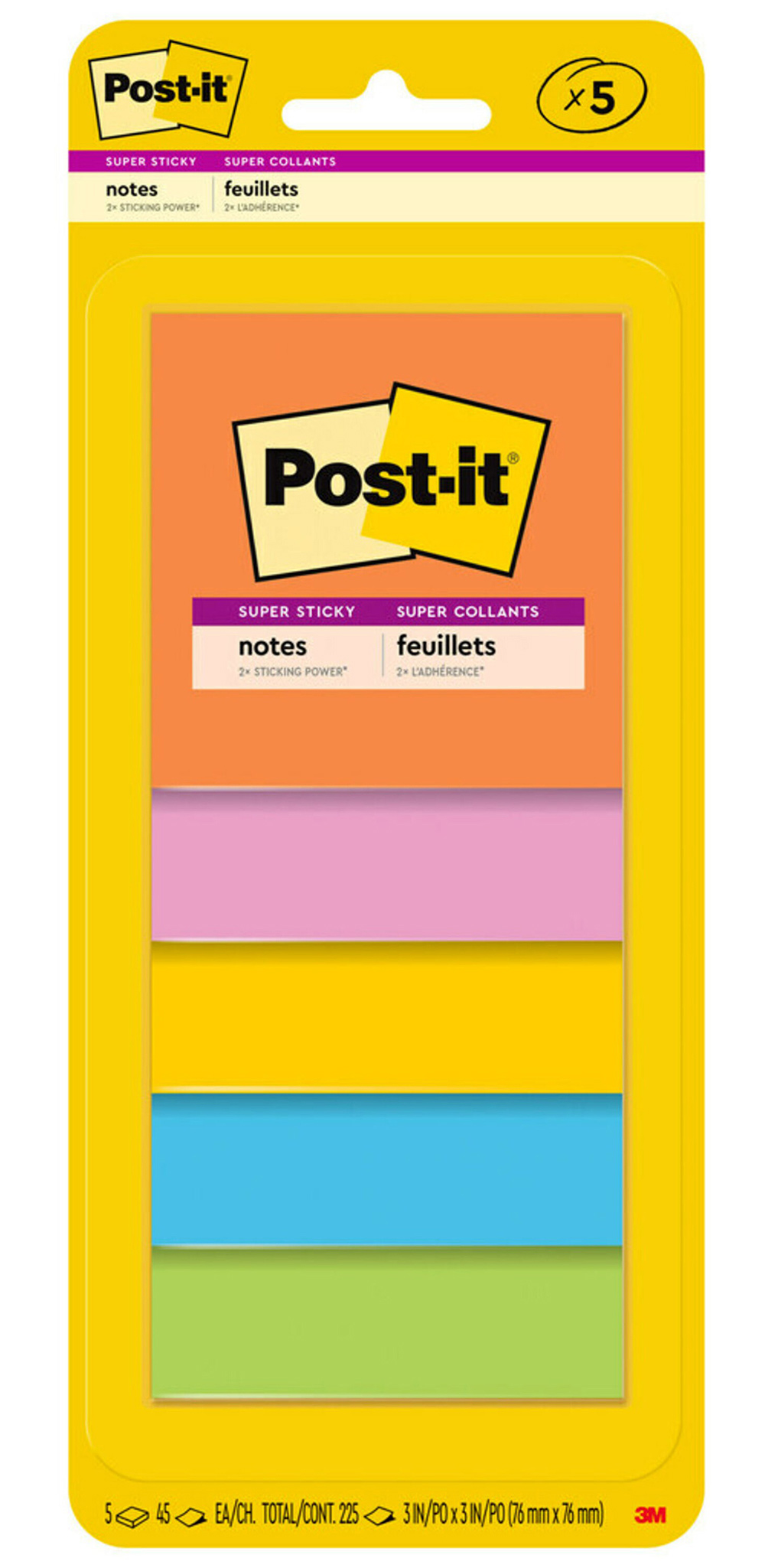 NOTES POST-IT SUPER STICKY 76X76MM 3321-5SSAU ASST PK5