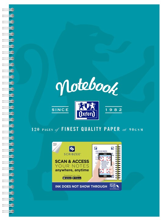NOTEBOOK OXFORD A4 SCRIBZEE® COMPATIBLE AQUA 120PG