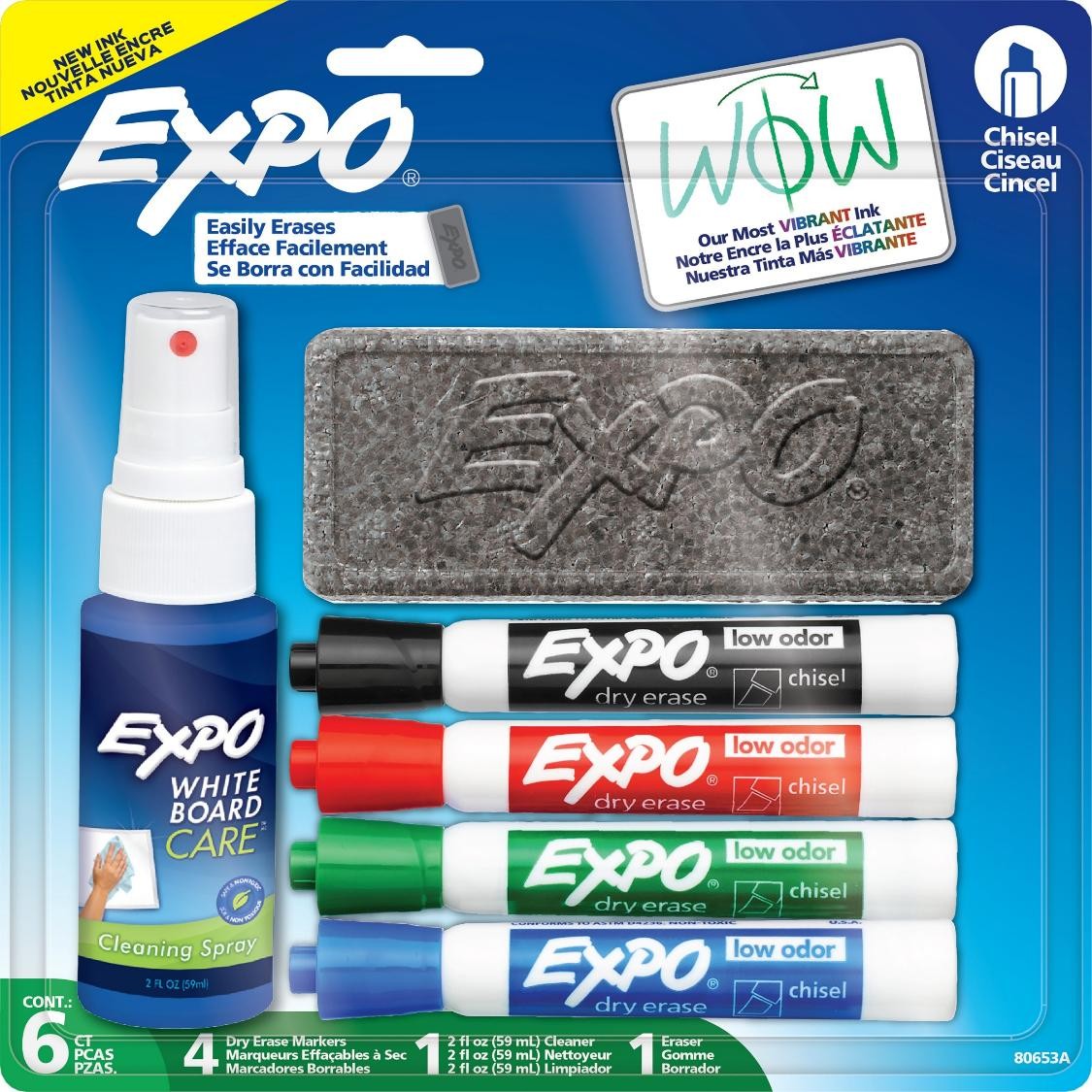 SP- MARKER WHITEBOARD EXPO DRY ERASE SET 4 CHISEL PLUS CLEANER & ERASER