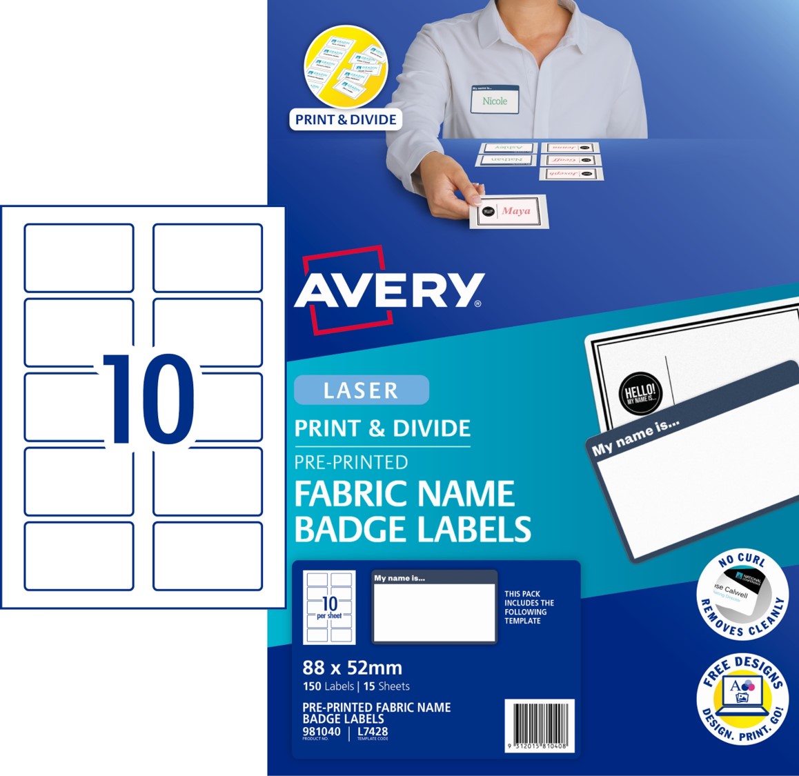 NAME BADGE AVERY 88X52MM L7429 MY NAME FABRIC 10UP BLUE/WHT PK150