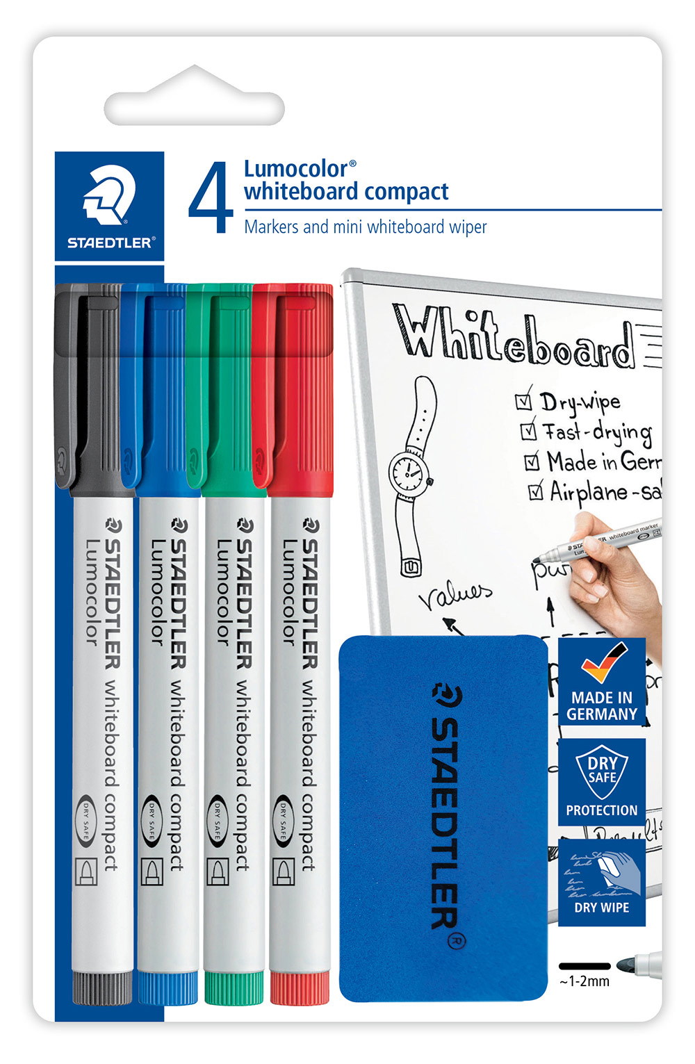 MARKER STAEDTLER LUMOCOLOR WHITEBOARD COMPACT BULLET/P PLUS ERASER ASST PK4