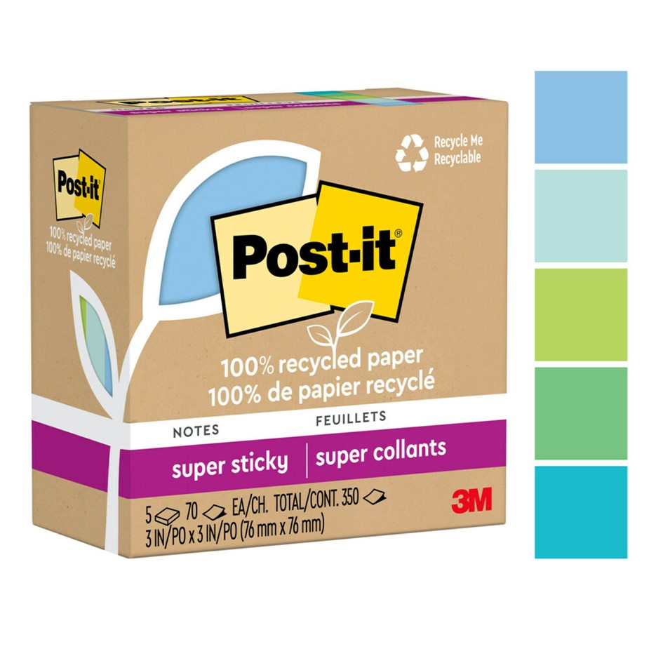 NOTES POST-IT SUPER STICKY 76X76MM 654R-5SST RECY ASST PK5