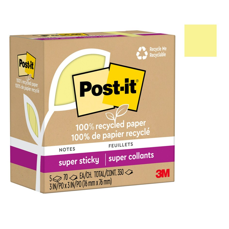 NOTES POST-IT SUPER STICKY 76X76MM 654R-5SSCY RECY YELLOW PK5