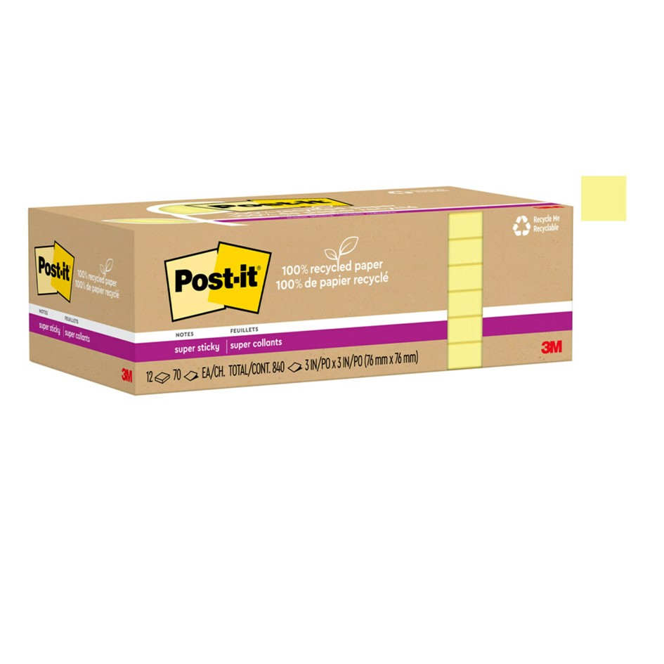 NOTES POST-IT SUPER STICKY 76X76MM 654R-12SSCY RECY YELLOW PK12