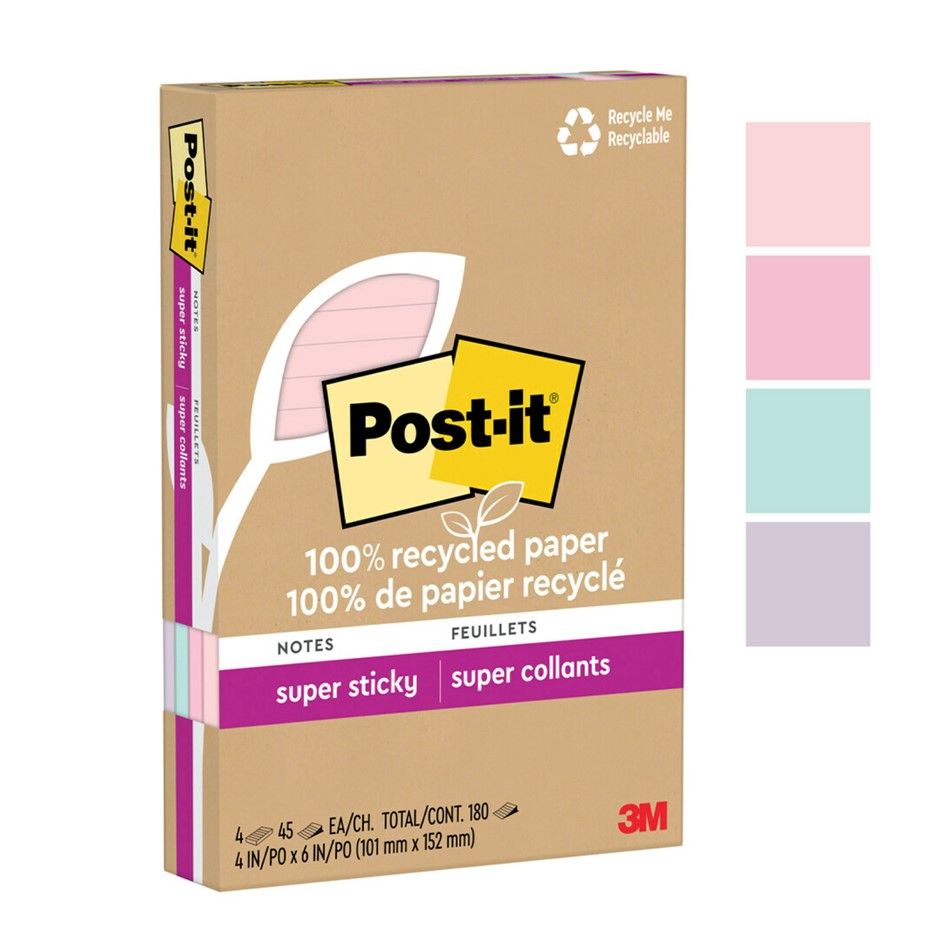 NOTES POST-IT SUPER STICKY 101X152MM 4621R-4SSNRP RECY LINED WANDERLUST PK4
