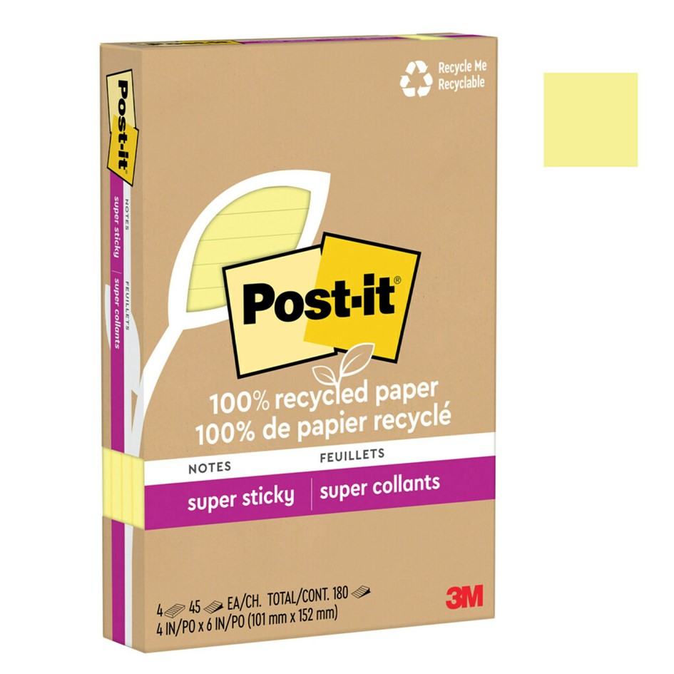 NOTES POST-IT SUPER STICKY 101X152MM 4621R-4SSCY RECY LINED YELLOW PK4