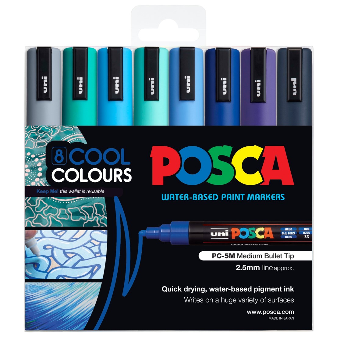 MARKER UNI POSCA PAINT PC5M MEDIUM BULLET TIP COOL COLOURS WLT8